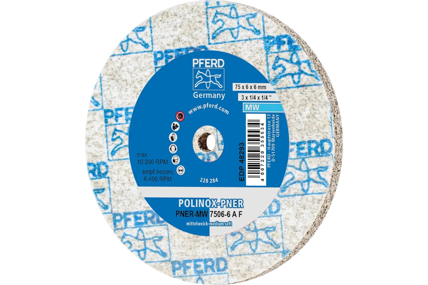 Picture of Pferd Polinox® Unitized Wheel, 3" X 1/4 X 1/4, Fine, Soft, 3Af, Aluminum Oxide